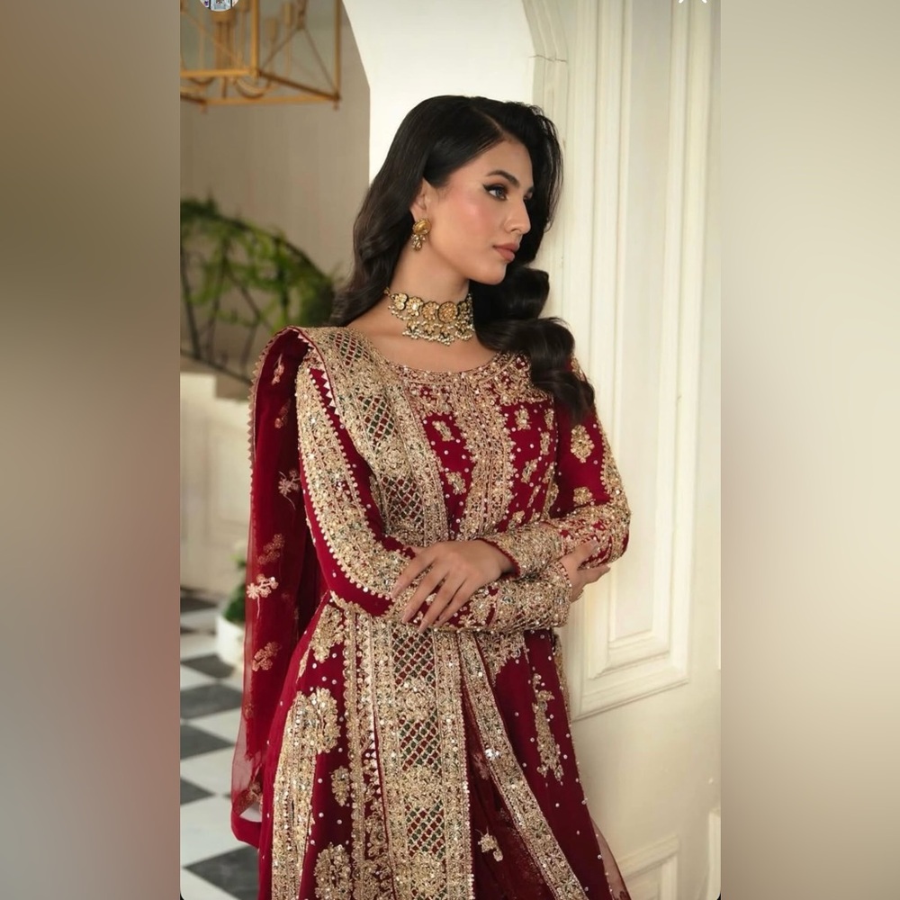 New! Indian Pakistani Maroon Zardozi work heavy embroidered dress with bag